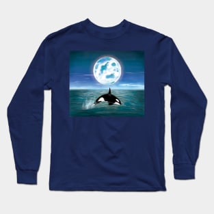 Killer Whale Swimming Under the Full Moonlight Long Sleeve T-Shirt